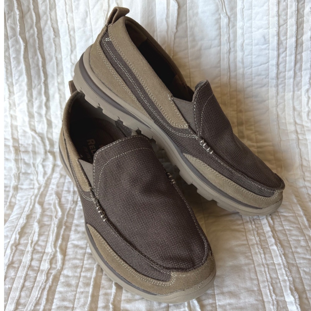 Skechers Relaxed Fit Loafers Brown Leather Textile Memory Foam Mens 11.5